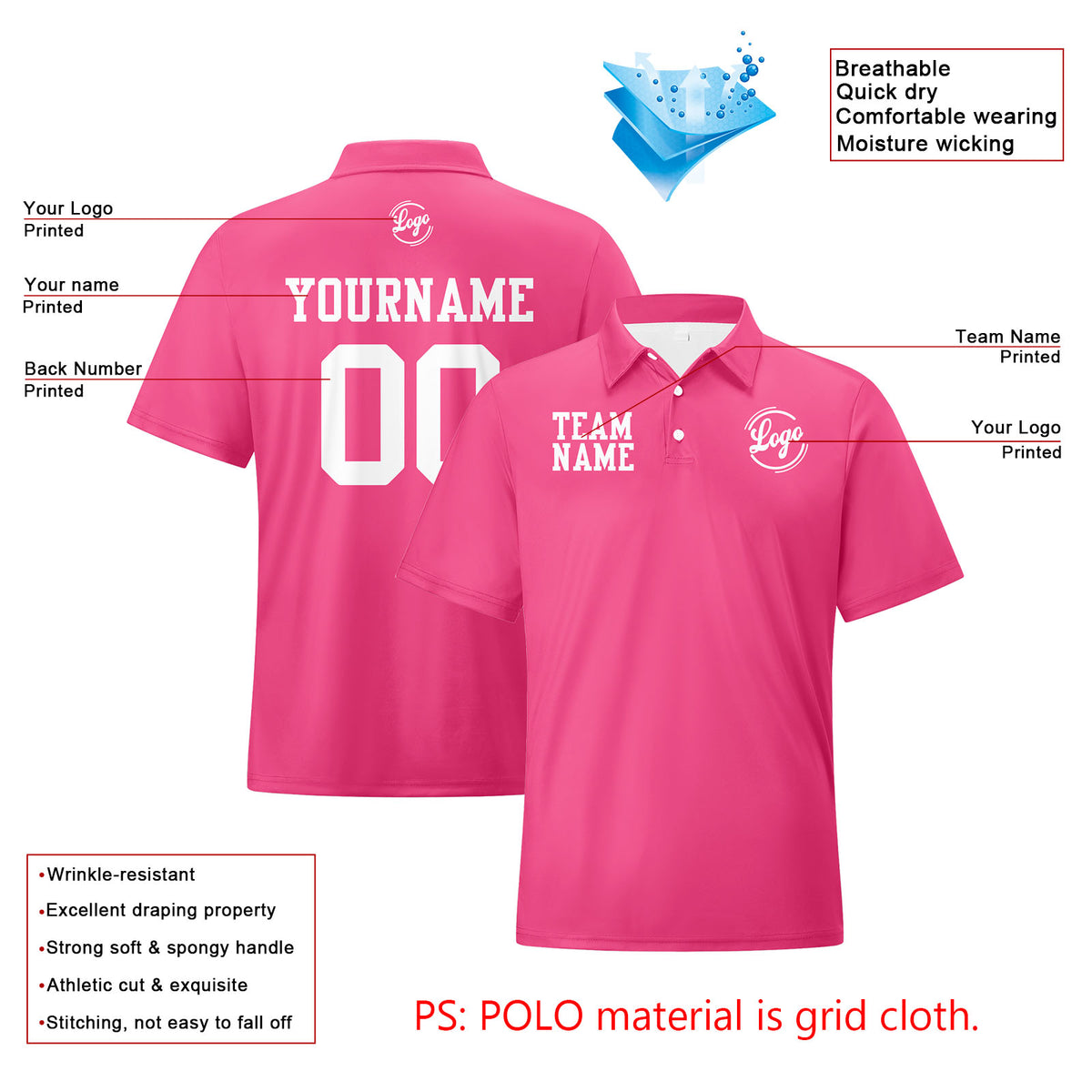 Benutzerdefinierte Rosa Weiß Fußball Polo-Shirts Fügen Sie Ihr Einzigartiges hinzu Logo/Name/Nummer