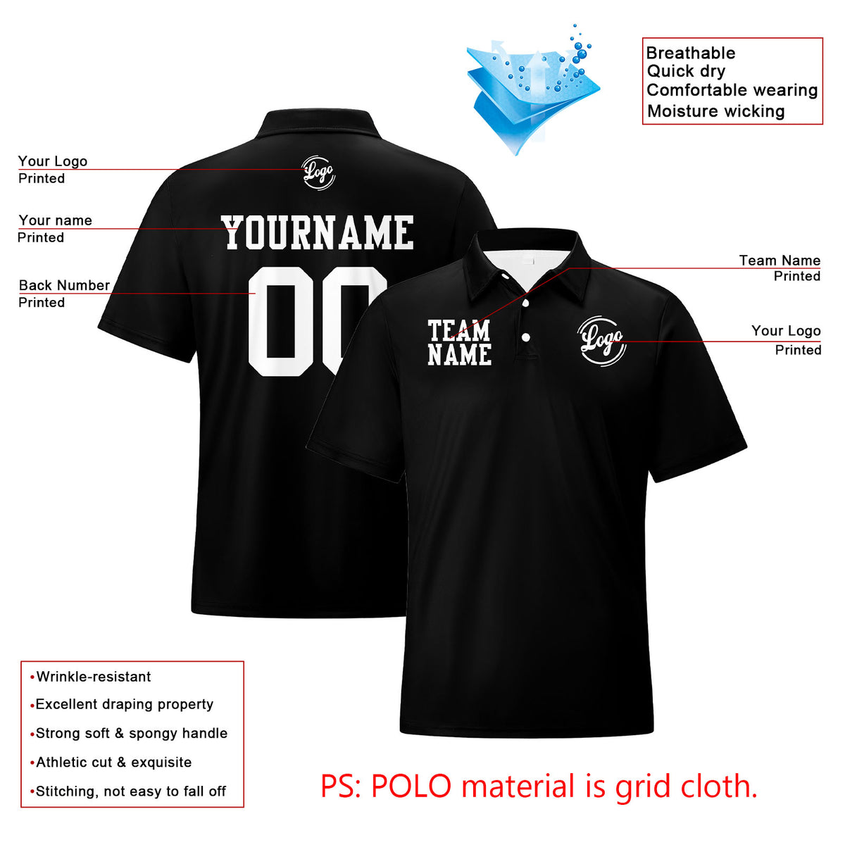 Benutzerdefinierte Schwarz Weiß Fußball Gradient Polo-Shirts Fügen Sie Ihr Einzigartiges hinzu Logo/Name/Nummer
