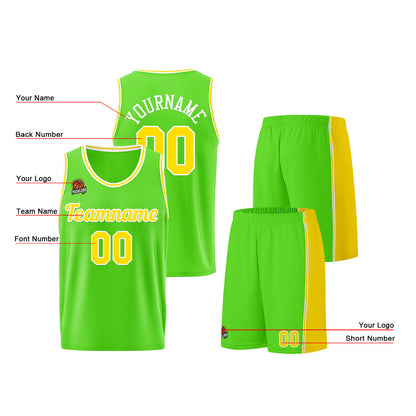 Individuelle Neongrün-Gelb Basketball Jersey Shorts für Männer und Frauen Gestickter und gedruckter Name, Nummer und Logo