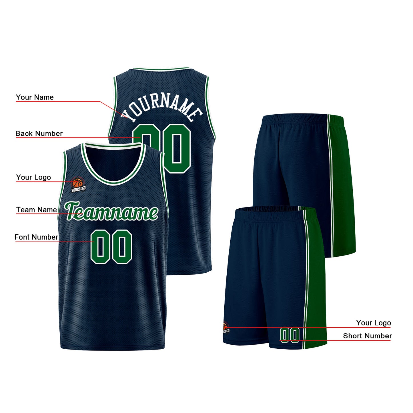 Individuelle Dunkelblau-Grün Basketball Jersey Shorts für Männer und Frauen Gestickter und gedruckter Name, Nummer und Logo