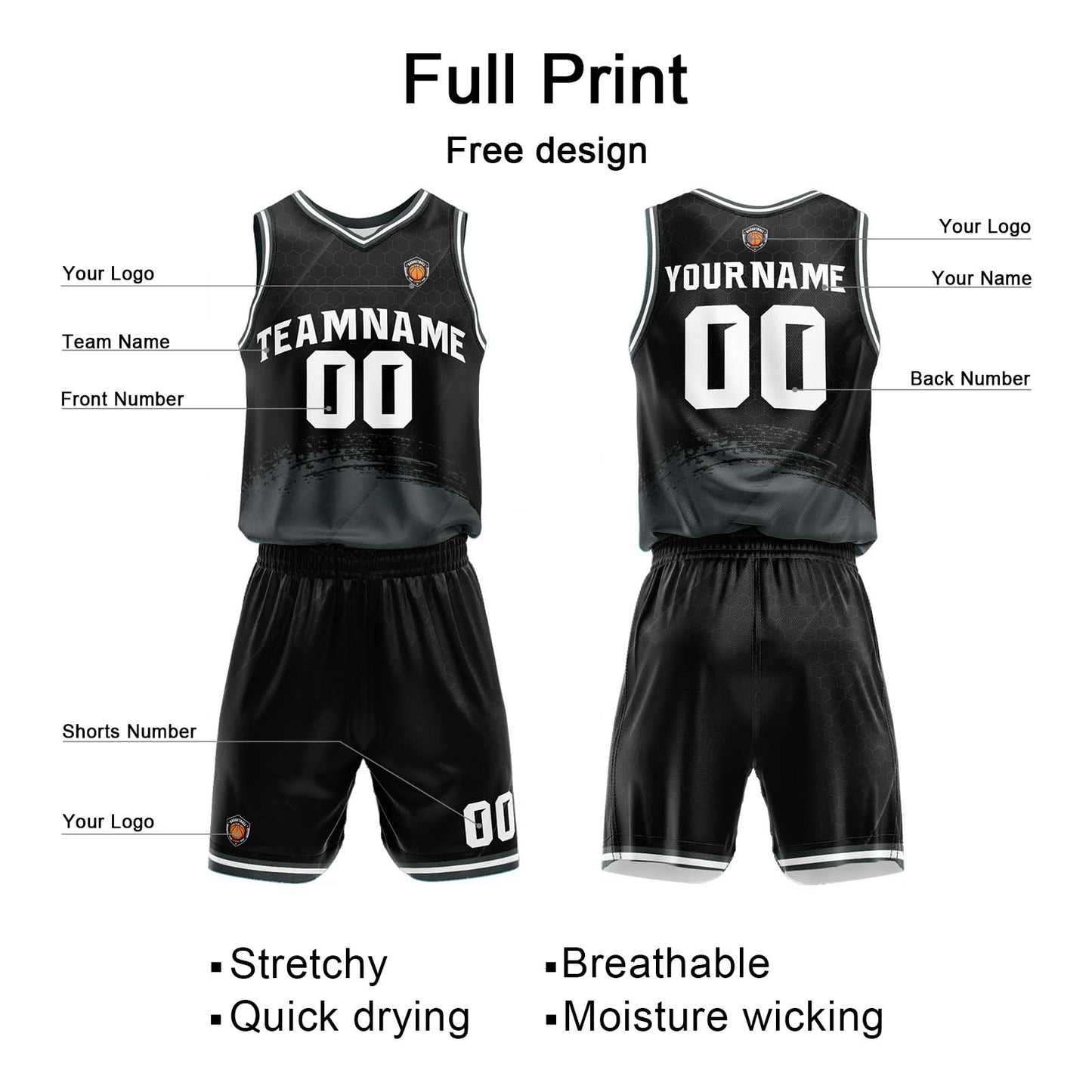 Benutzerdefinierter Schwarz Grau Basketball Jersey Uniform Anzug gedruckt Ihr Logo Name Nummer