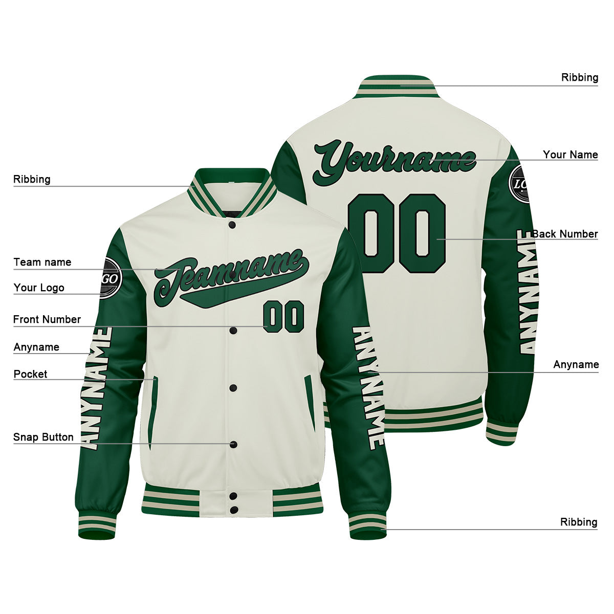 Maßgeschneiderte Grüne Creme Letterman Varsity Jacket Individuelle Stickerei Druck nach Ihrem Wunsch