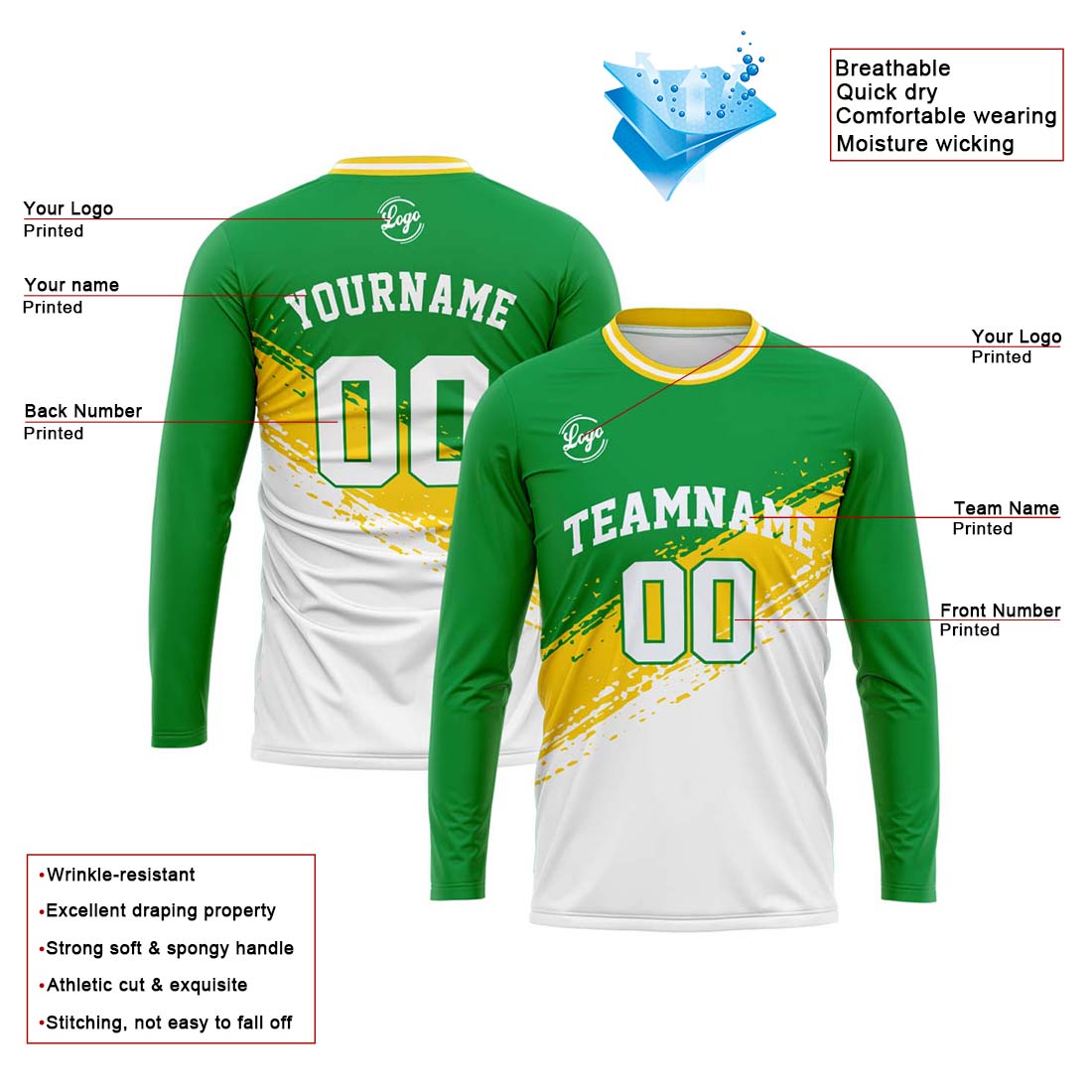 Kundenspezifisches Basketball Fußball Schießen langes T-Shirt für Erwachsene und Kinder Grün&Weiß