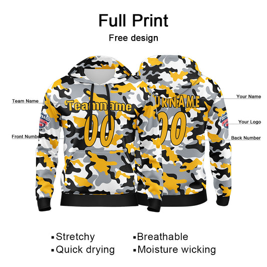 Benutzerdefinierter Sweatshirt-Hoodie für Mann, Frau, Mädchen, Junge. Drucken Sie Ihr Logo, Ihren Namen und Ihre Nummer Gelb Schwarz