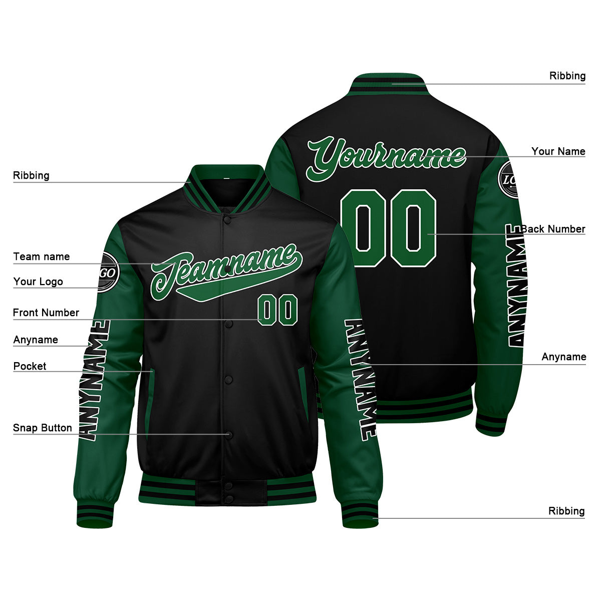 Maßgeschneiderte Grün Schwarz Letterman Varsity Jacket Individuelle Stickerei Druck nach Ihrem Wunsch