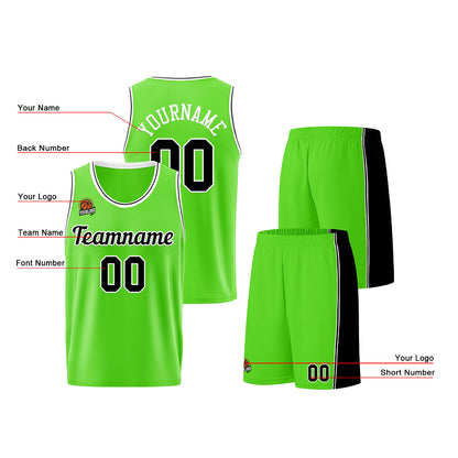 Individuelle Neongrün-Schwarz Basketball Jersey Shorts für Männer und Frauen Gestickter und gedruckter Name, Nummer und Logo