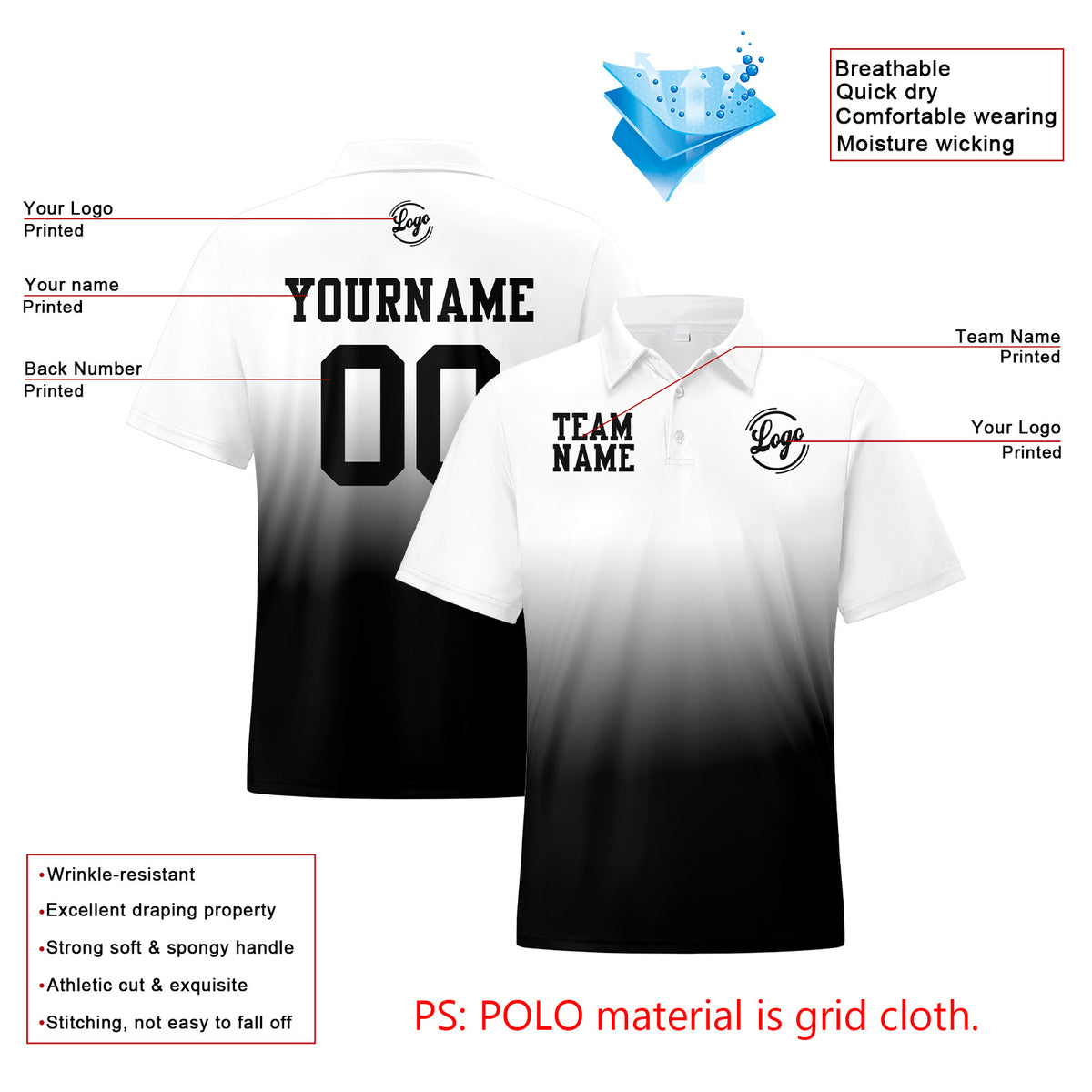 Benutzerdefinierte Weiß Schwarz Fußball Gradient Polo-Shirts Fügen Sie Ihr Einzigartiges hinzu Logo/Name/Nummer