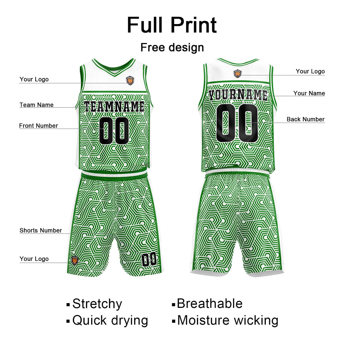 Benutzerdefinierter Weiß Grün Basketball Jersey Uniform Anzug gedruckt Ihr Logo Name Nummer