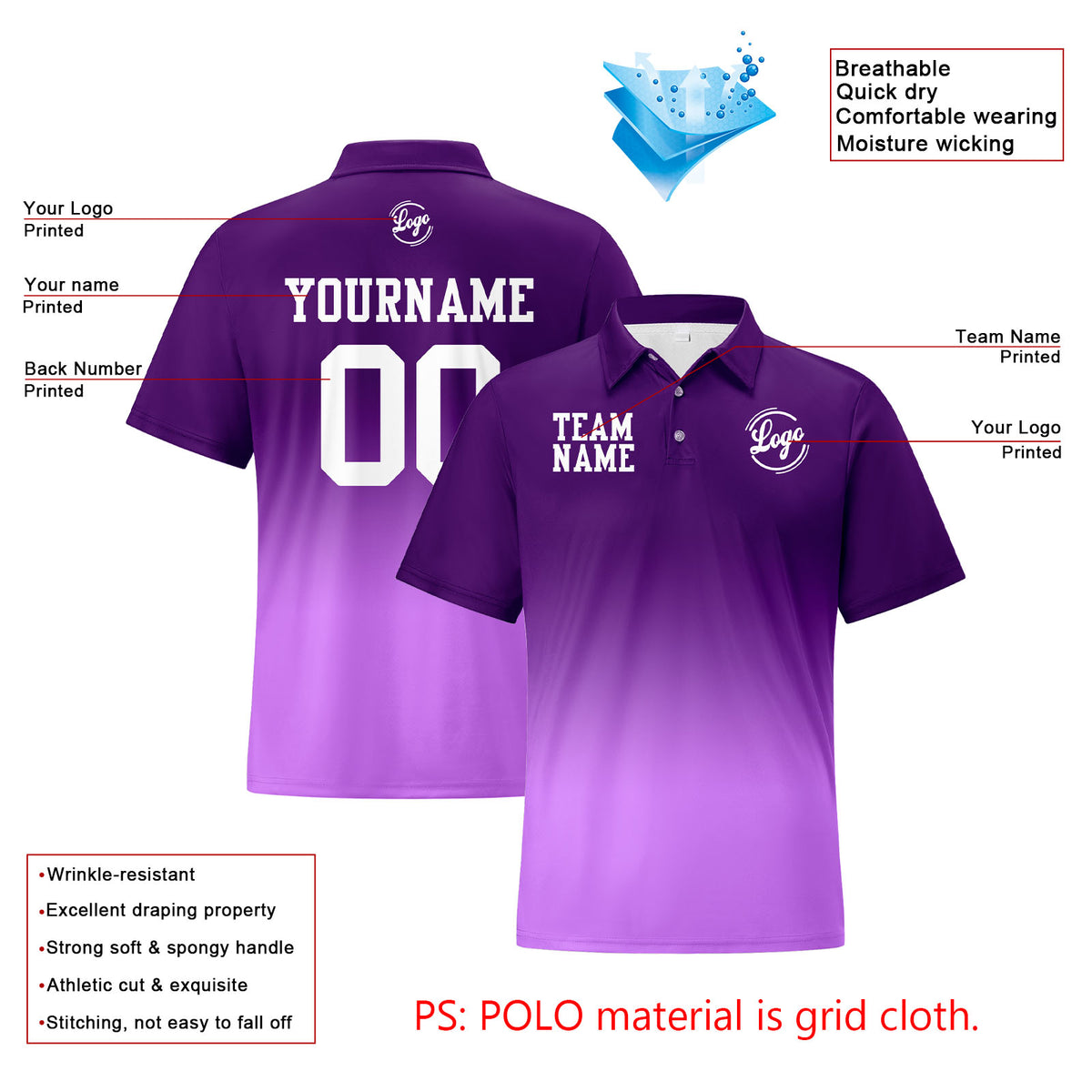 Benutzerdefinierte Lila Lichtlila Fußball Gradient Polo-Shirts Fügen Sie Ihr Einzigartiges hinzu Logo/Name/Nummer