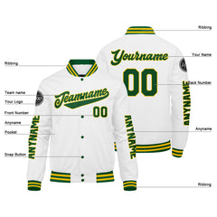 Maßgeschneiderte Grün Gelb Weiß Letterman Varsity Jacket Individuelle Stickerei Druck nach Ihrem Wunsch