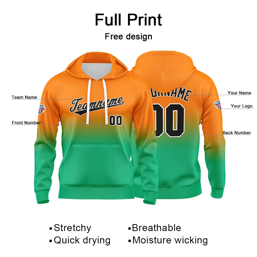 Benutzerdefinierter Verlauf Hoodie für Mann, Frau, Mädchen, Junge. Drucken Sie Ihr Logo, Ihren Namen und Ihre Nummer Orange Grün