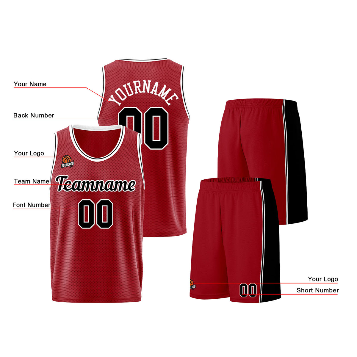 Individuelle Burgund Schwarz Basketball Jersey Shorts für Männer und Frauen Gestickter und gedruckter Name, Nummer und Logo
