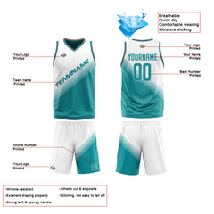 Benutzerdefinierte Weiß Cyan Reversible Basketball Jersey Personalisierte Print Name Nummer Logo
