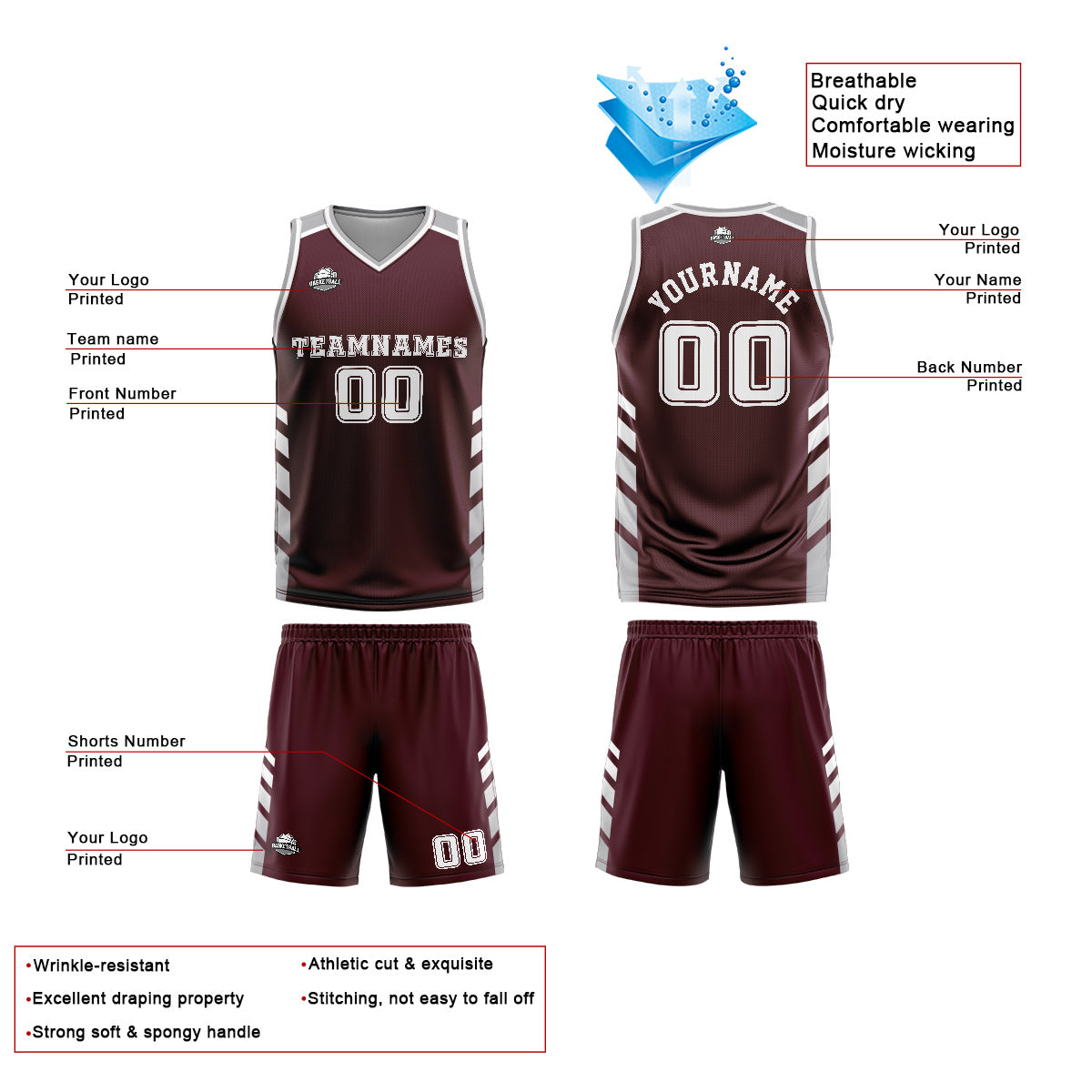 Benutzerdefinierter Braun Grau Basketball Jersey Uniform Anzug gedruckt Ihr Logo Name Nummer