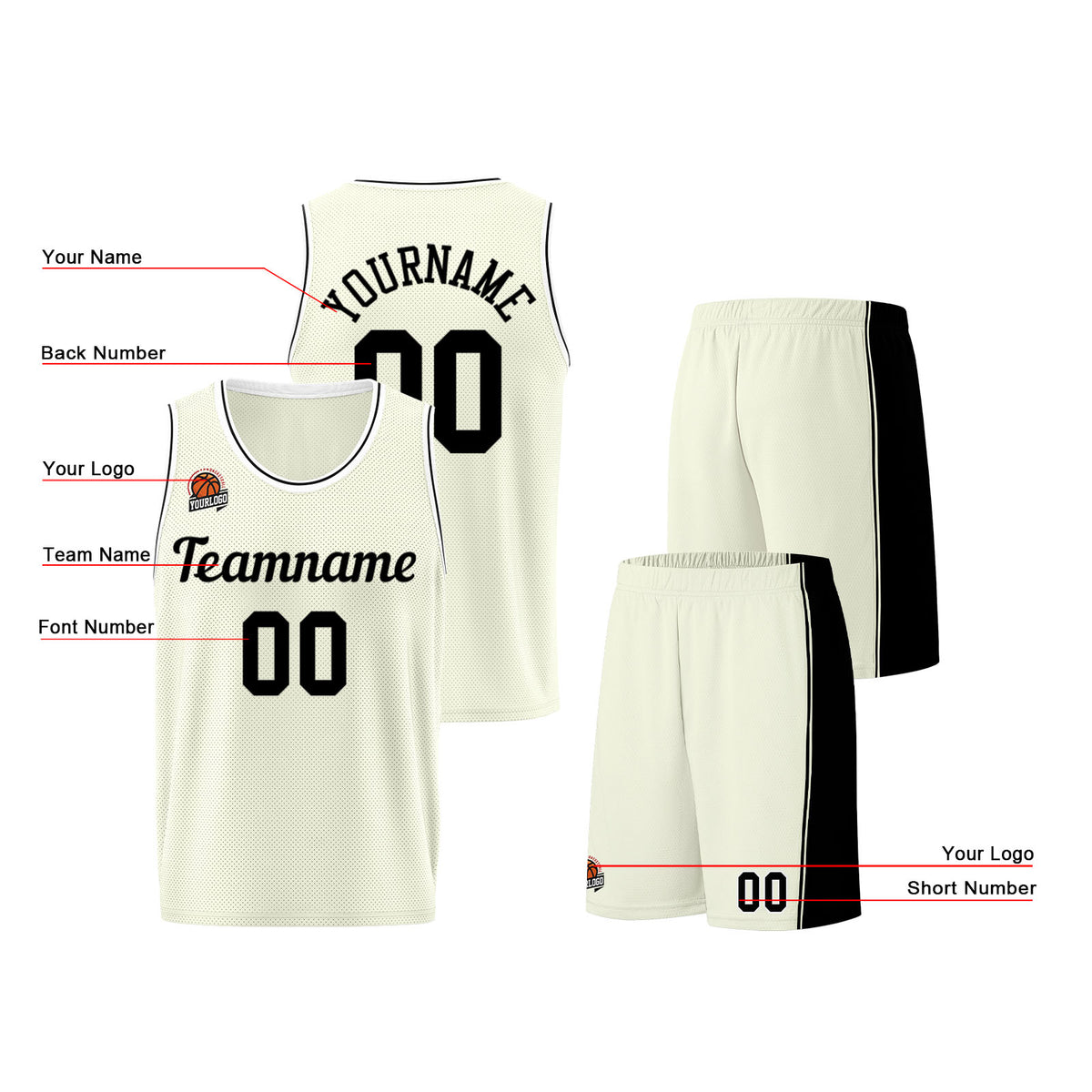 Individuelle Creme-Schwarz Basketball Jersey Shorts für Männer und Frauen Gestickter und gedruckter Name, Nummer und Logo