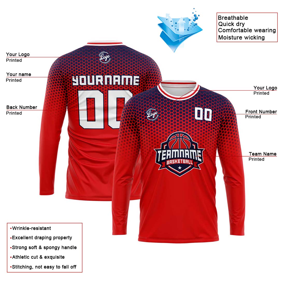 Kundenspezifisches Basketball Fußball Schießen langes T-Shirt für Erwachsene und Kinder  Marine&Rot