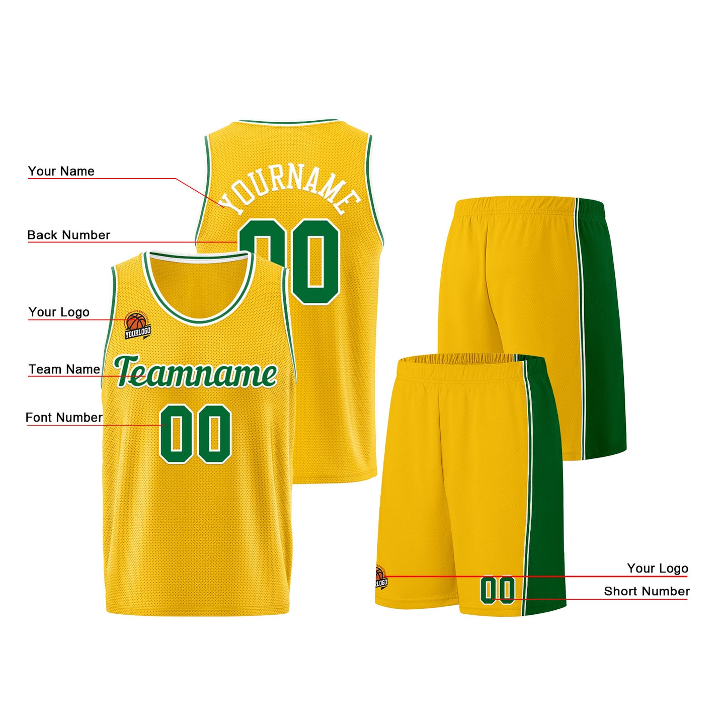 Individuelle Gelb Grün Basketball Jersey Shorts für Männer und Frauen Gestickter und gedruckter Name, Nummer und Logo