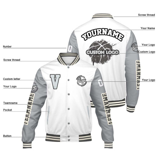 Maßgeschneiderte Weiß Grau Letterman Varsity Jacket Individuelle Stickerei Druck nach Ihrem Wunsch