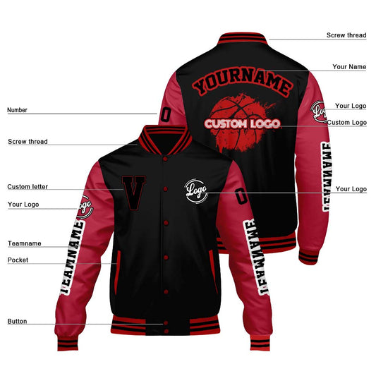 Maßgeschneiderte Schwarzes Rot Letterman Varsity Jacket Individuelle Stickerei Druck nach Ihrem Wunsch