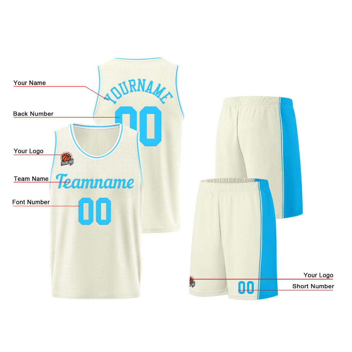 Individuelle Creme-Hellblau Basketball Jersey Shorts für Männer und Frauen Gestickter und gedruckter Name, Nummer und Logo