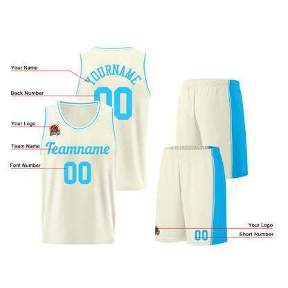 Individuelle Creme-Hellblau Basketball Jersey Shorts für Männer und Frauen Gestickter und gedruckter Name, Nummer und Logo