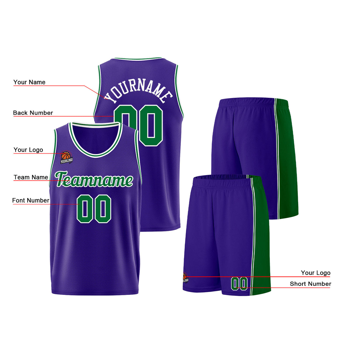 Individuelle Lila Grün Basketball Jersey Shorts für Männer und Frauen Gestickter und gedruckter Name, Nummer und Logo