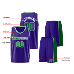 Individuelle Lila Grün Basketball Jersey Shorts für Männer und Frauen Gestickter und gedruckter Name, Nummer und Logo