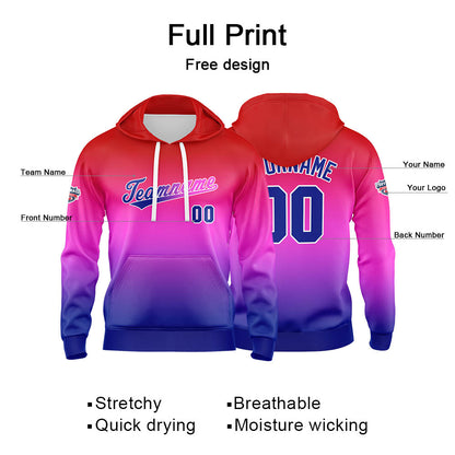 Benutzerdefinierter Verlauf Hoodie für Mann, Frau, Mädchen, Junge. Drucken Sie Ihr Logo, Ihren Namen und Ihre Nummer Rot Lila Blau