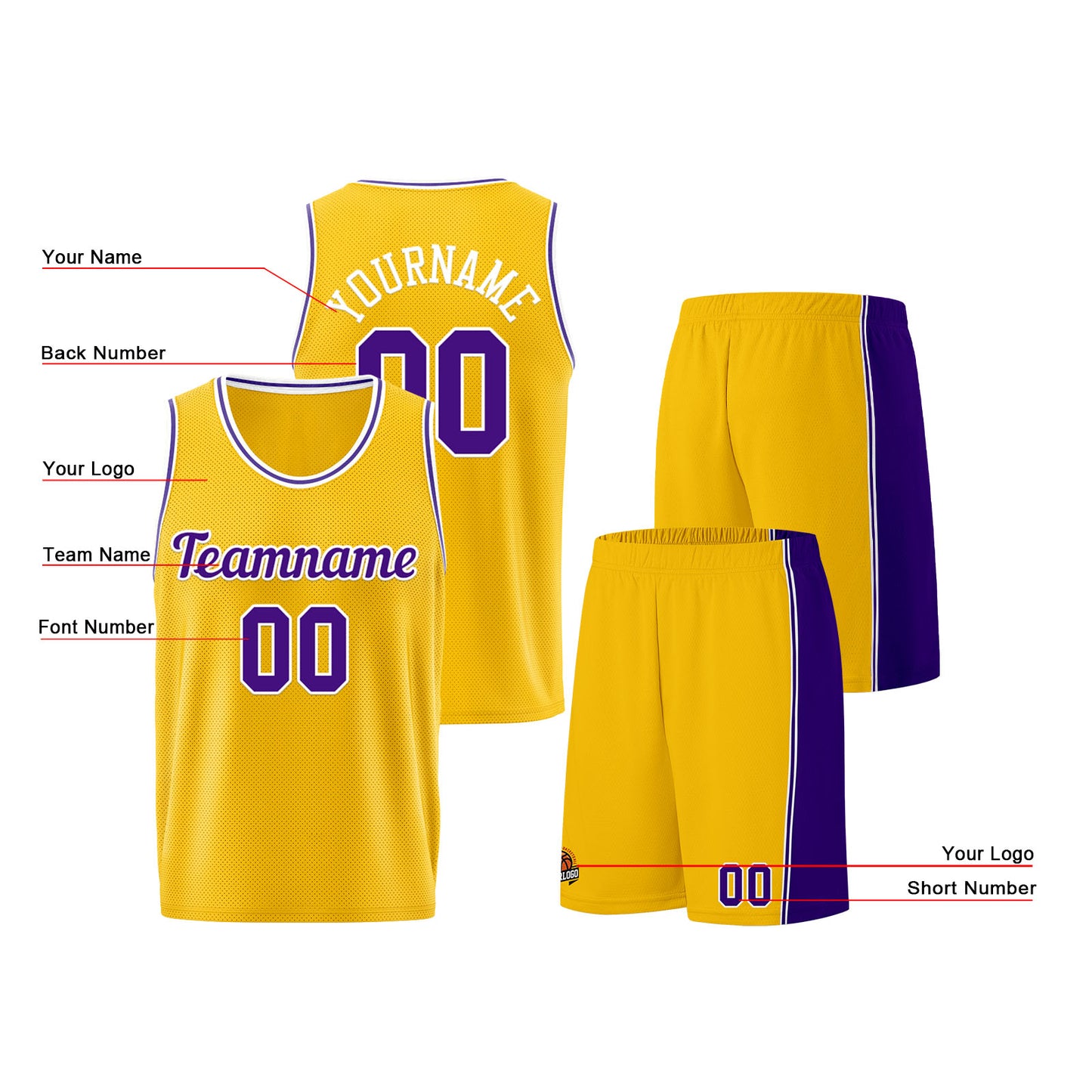 Individuelle Gelb Lila Basketball Jersey Shorts für Männer und Frauen Gestickter und gedruckter Name, Nummer und Logo