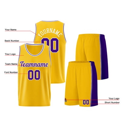 Individuelle Gelb Lila Basketball Jersey Shorts für Männer und Frauen Gestickter und gedruckter Name, Nummer und Logo