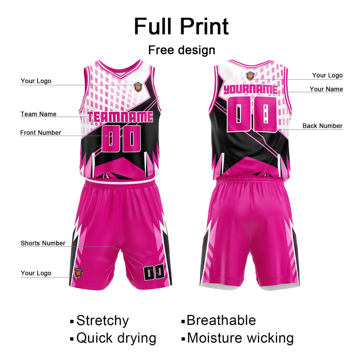 Benutzerdefinierter Rosa Basketball Jersey Uniform Anzug gedruckt Ihr Logo Name Nummer