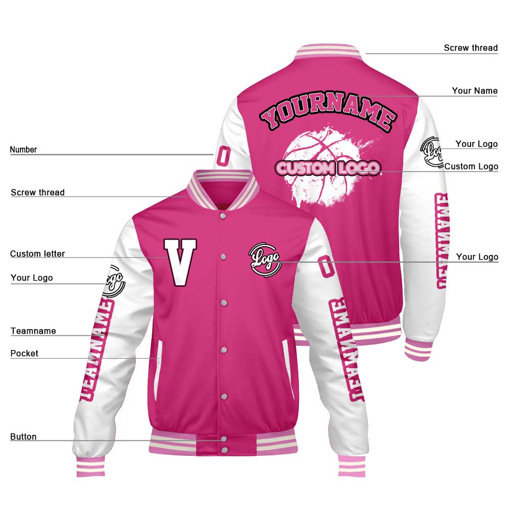 Maßgeschneiderte Rosa Weiß Letterman Varsity Jacket Individuelle Stickerei Druck nach Ihrem Wunsch