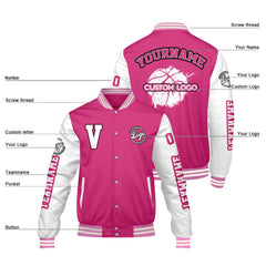 Maßgeschneiderte Rosa Weiß Letterman Varsity Jacket Individuelle Stickerei Druck nach Ihrem Wunsch