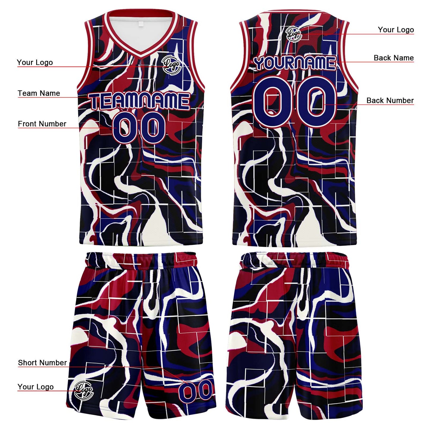 Benutzerdefinierter Marine Rot Basketball Jersey Uniform Anzug gedruckt Ihr Logo Name Nummer