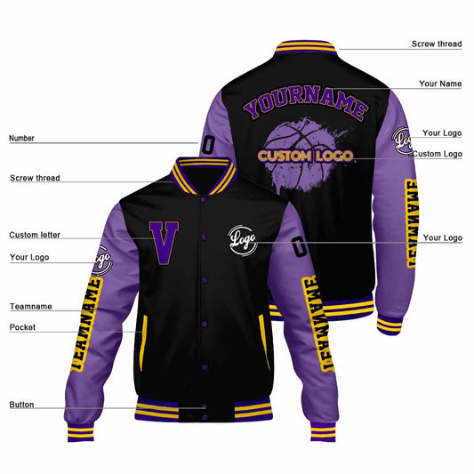 Maßgeschneiderte Schwarz Lila Letterman Varsity Jacket Individuelle Stickerei Druck nach Ihrem Wunsch