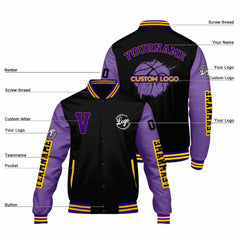 Maßgeschneiderte Schwarz Lila Letterman Varsity Jacket Individuelle Stickerei Druck nach Ihrem Wunsch