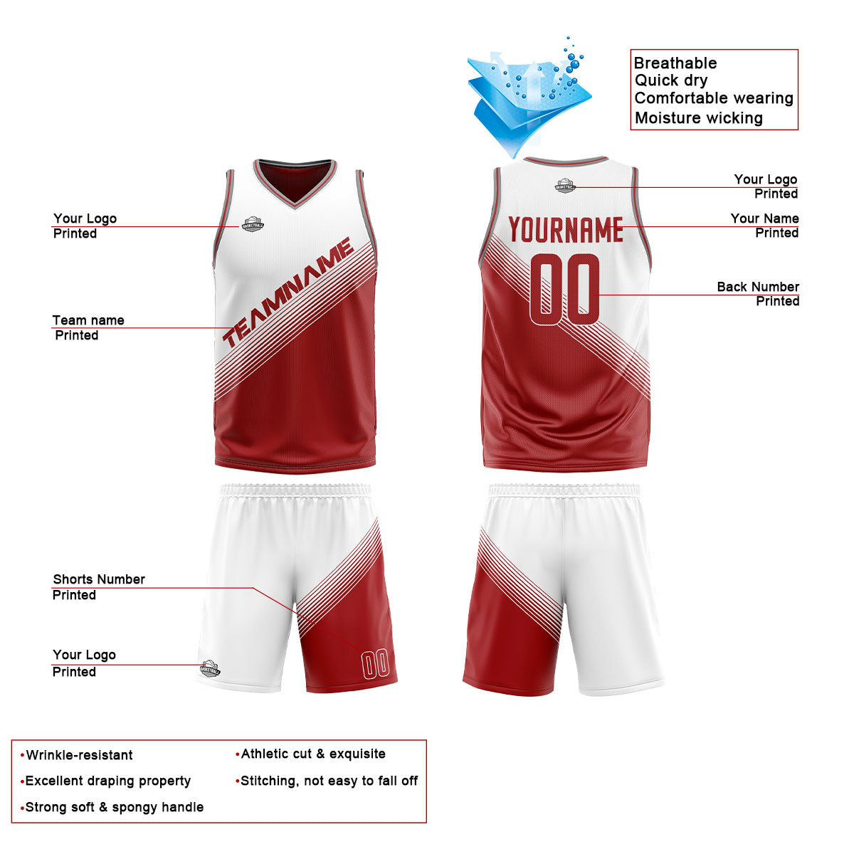 Benutzerdefinierte Weiß Rot Reversible Basketball Jersey Personalisierte Print Name Nummer Logo