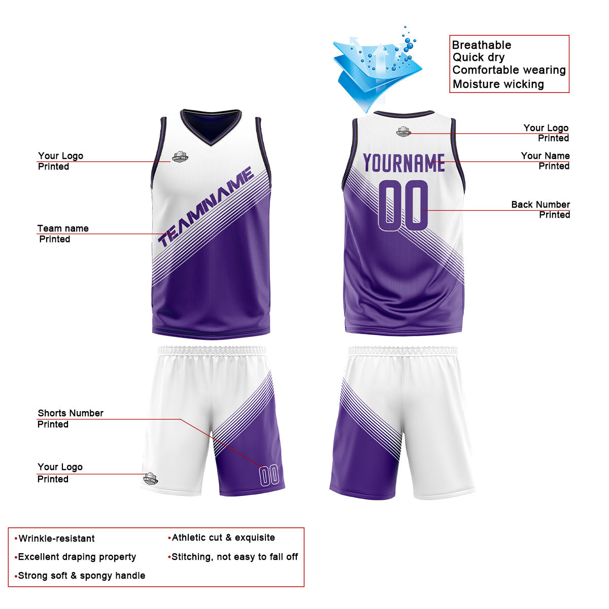 Benutzerdefinierte Weiß Lila Reversible Basketball Jersey Personalisierte Print Name Nummer Logo