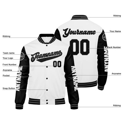 Maßgeschneiderte Schwarz Weiß Letterman Varsity Jacket Individuelle Stickerei Druck nach Ihrem Wunsch