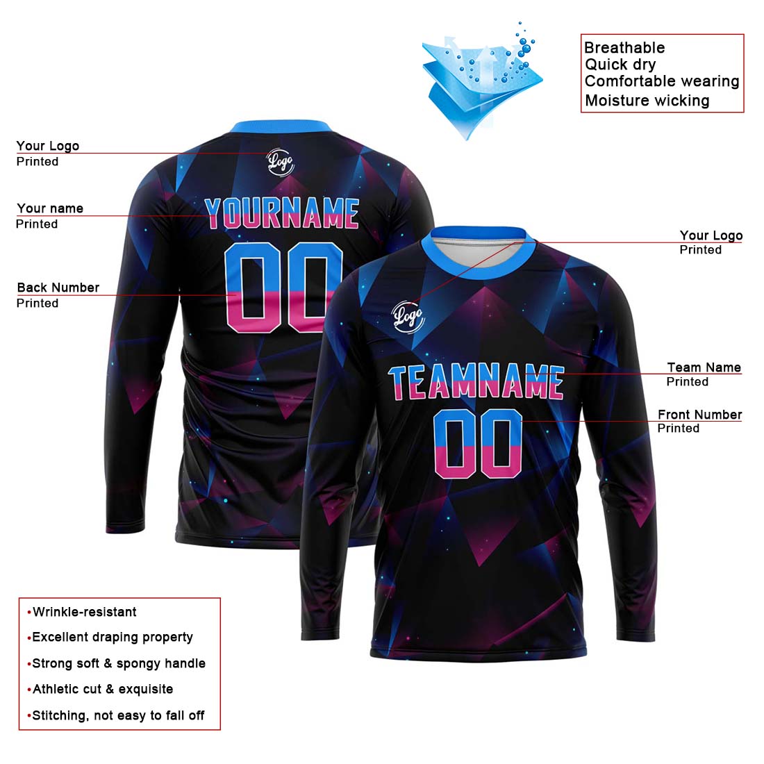 Kundenspezifisches Basketball Fußball Schießen langes T-Shirt für Erwachsene und Kinder Schwarz&Hellblau