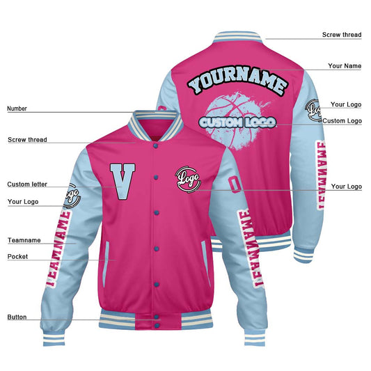 Maßgeschneiderte Rosa Löwenblau Letterman Varsity Jacket Individuelle Stickerei Druck nach Ihrem Wunsch