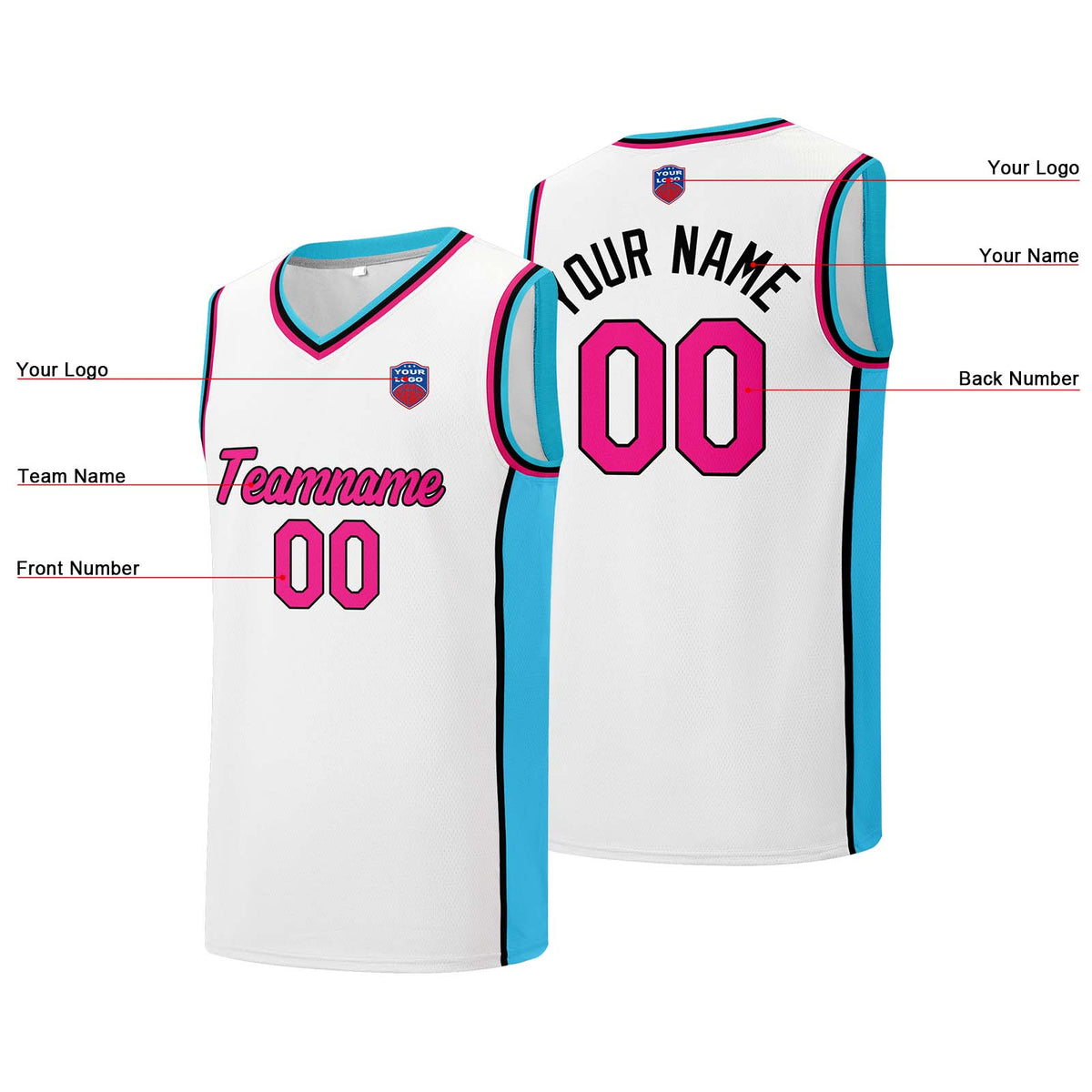 Individuelle Basketball-Jersey-Shorts für Männer und Frauen. Gestickter und gedruckter Name, Nummer und Logo Weiß