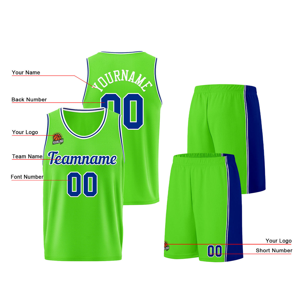 Individuelle Neongrün-Königlich Basketball Jersey Shorts für Männer und Frauen Gestickter und gedruckter Name, Nummer und Logo