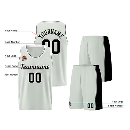 Individuelle Grau-Schwarz Basketball Jersey Shorts für Männer und Frauen Gestickter und gedruckter Name, Nummer und Logo