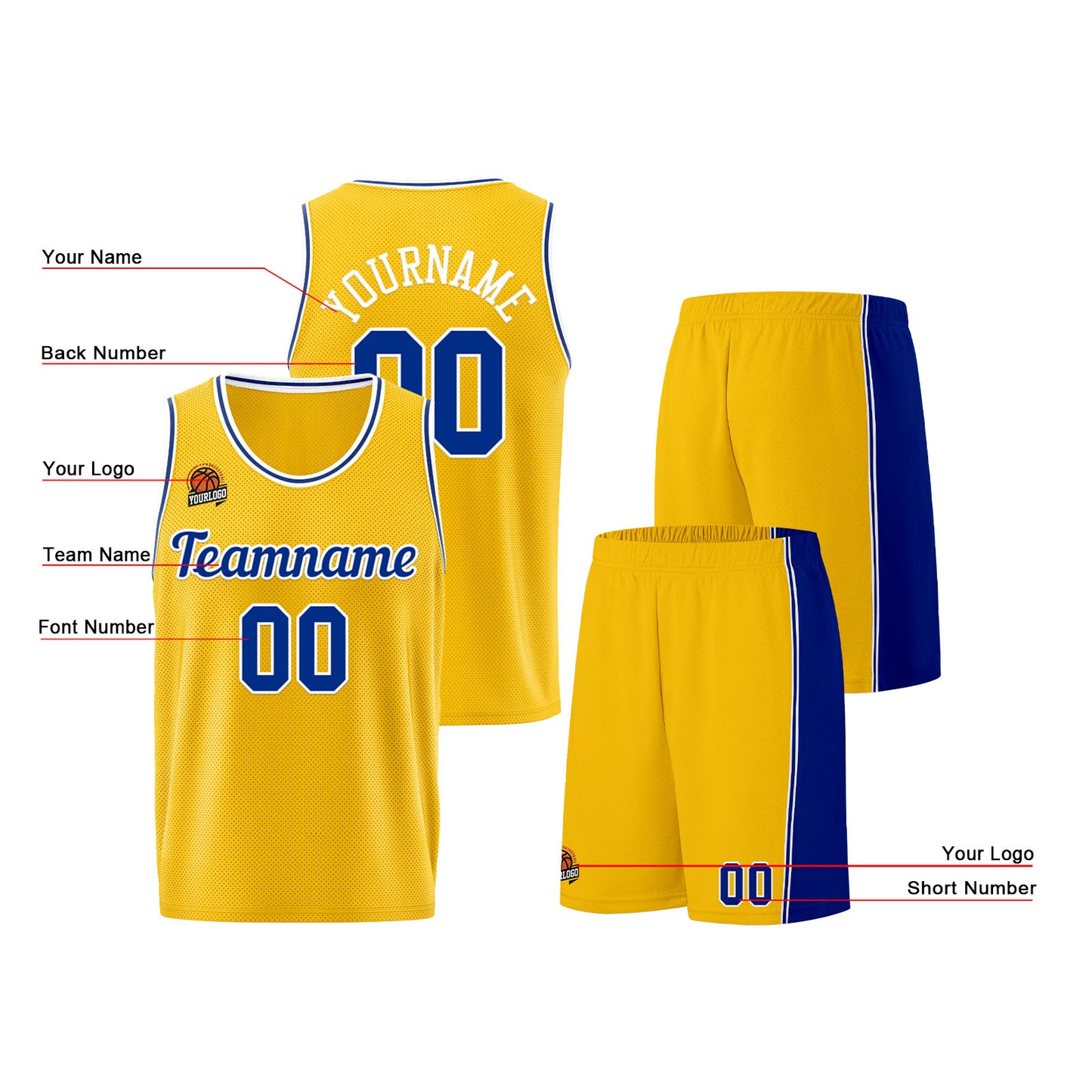 Individuelle Gelb Königlich Basketball Jersey Shorts für Männer und Frauen Gestickter und gedruckter Name, Nummer und Logo