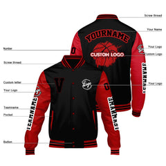 Maßgeschneiderte Schwarz Rot Letterman Varsity Jacket Individuelle Stickerei Druck nach Ihrem Wunsch