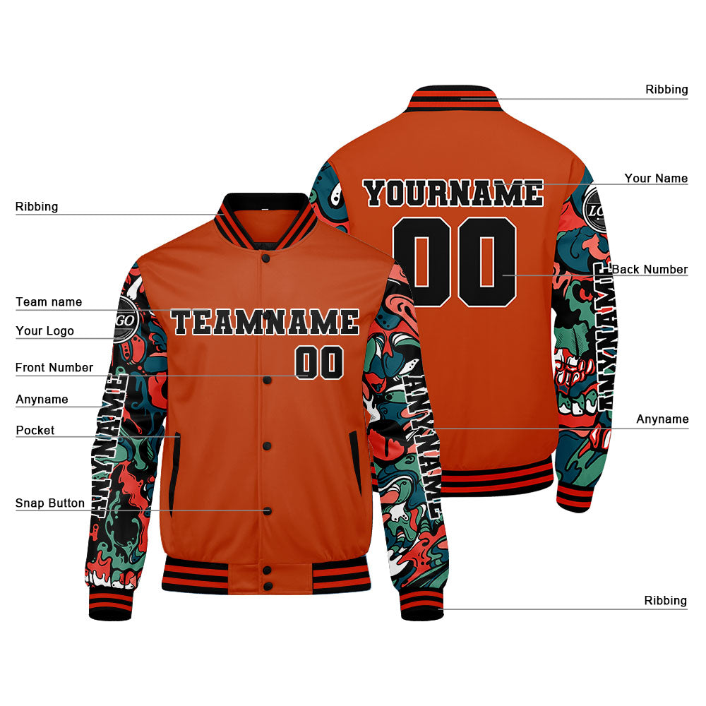 Maßgeschneiderte Orange Letterman Varsity Jacket Individuelle Stickerei Druck nach Ihrem Wunsch