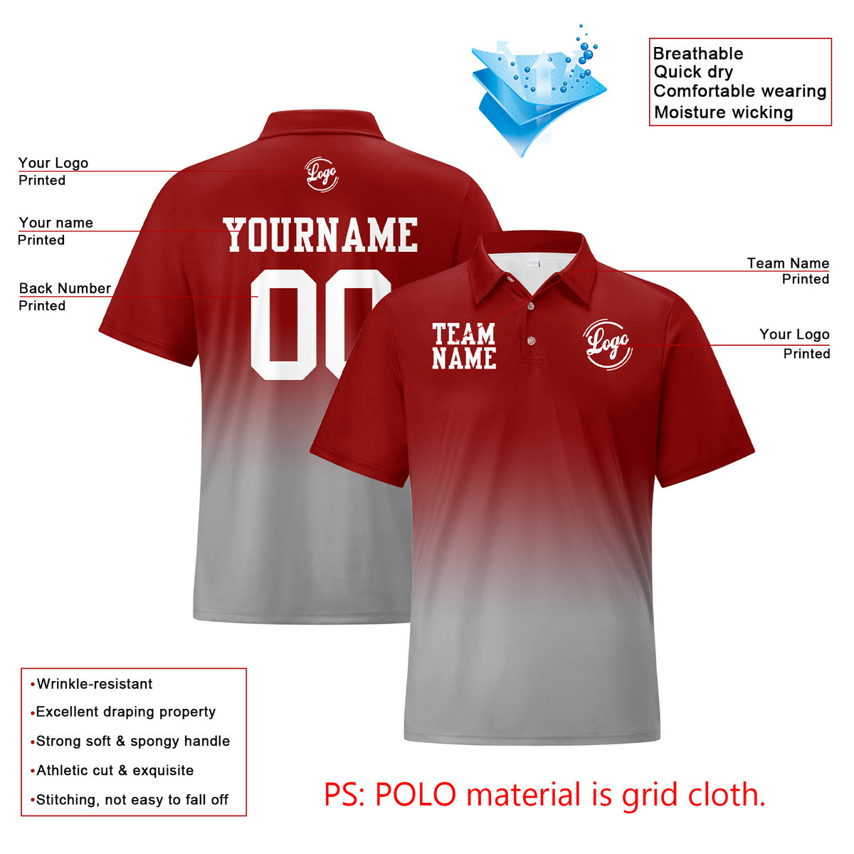 Benutzerdefinierte Burgund Grau Fußball Gradient Polo-Shirts Fügen Sie Ihr Einzigartiges hinzu Logo/Name/Nummer