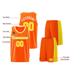 Individuelle Orange-Gelb Basketball Jersey Shorts für Männer und Frauen Gestickter und gedruckter Name, Nummer und Logo