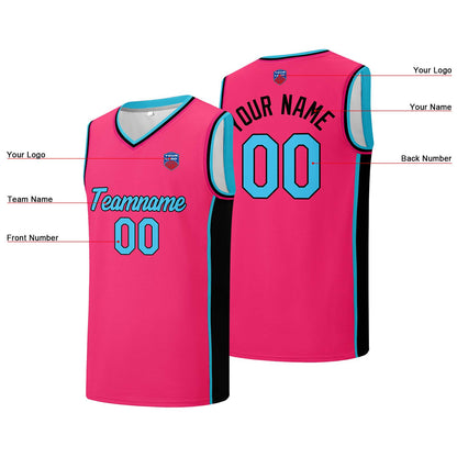 Individuelle Basketball-Jersey-Shorts für Männer und Frauen. Gestickter und gedruckter Name, Nummer und Logo Rosa&Schwarz&Hellblau